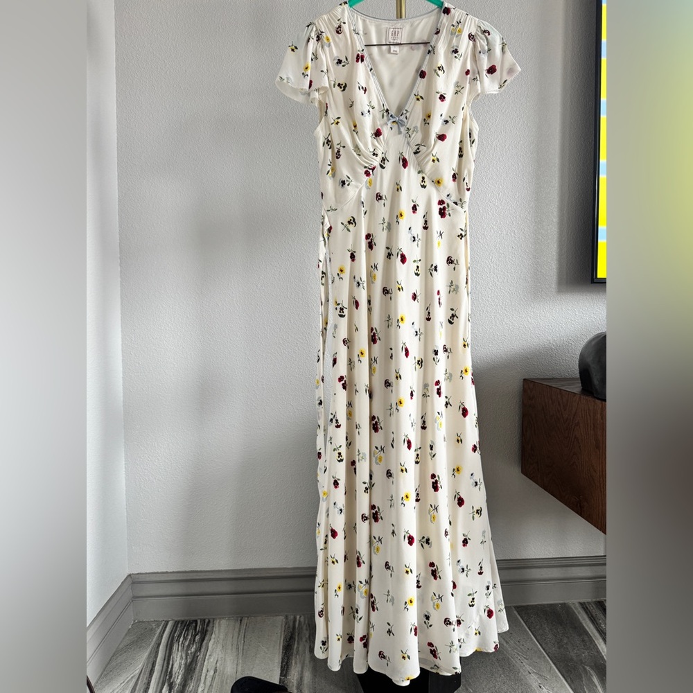 Cream and Red Flutter Sleeve Wrap Maxi Dress